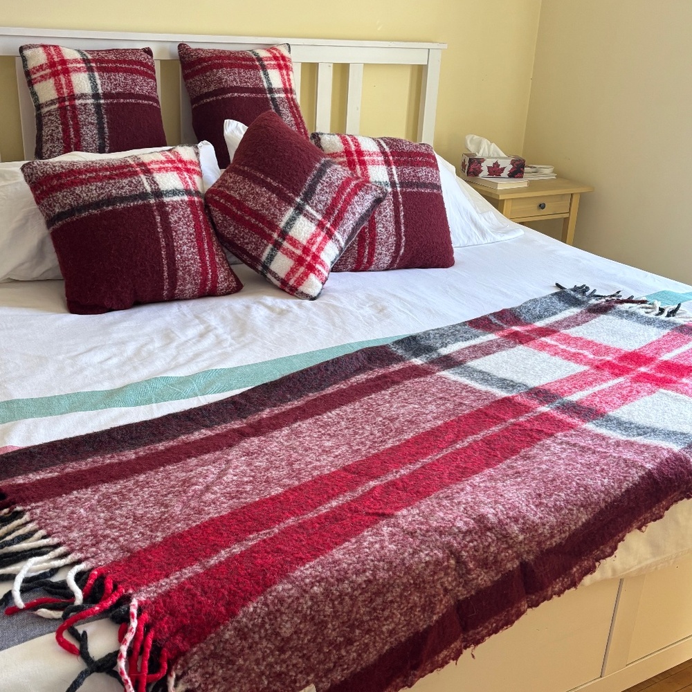 WOW! BUNDLE: HBC STRIPES RACING RED Wool Blend items (ONE throw & FIVE pillows)